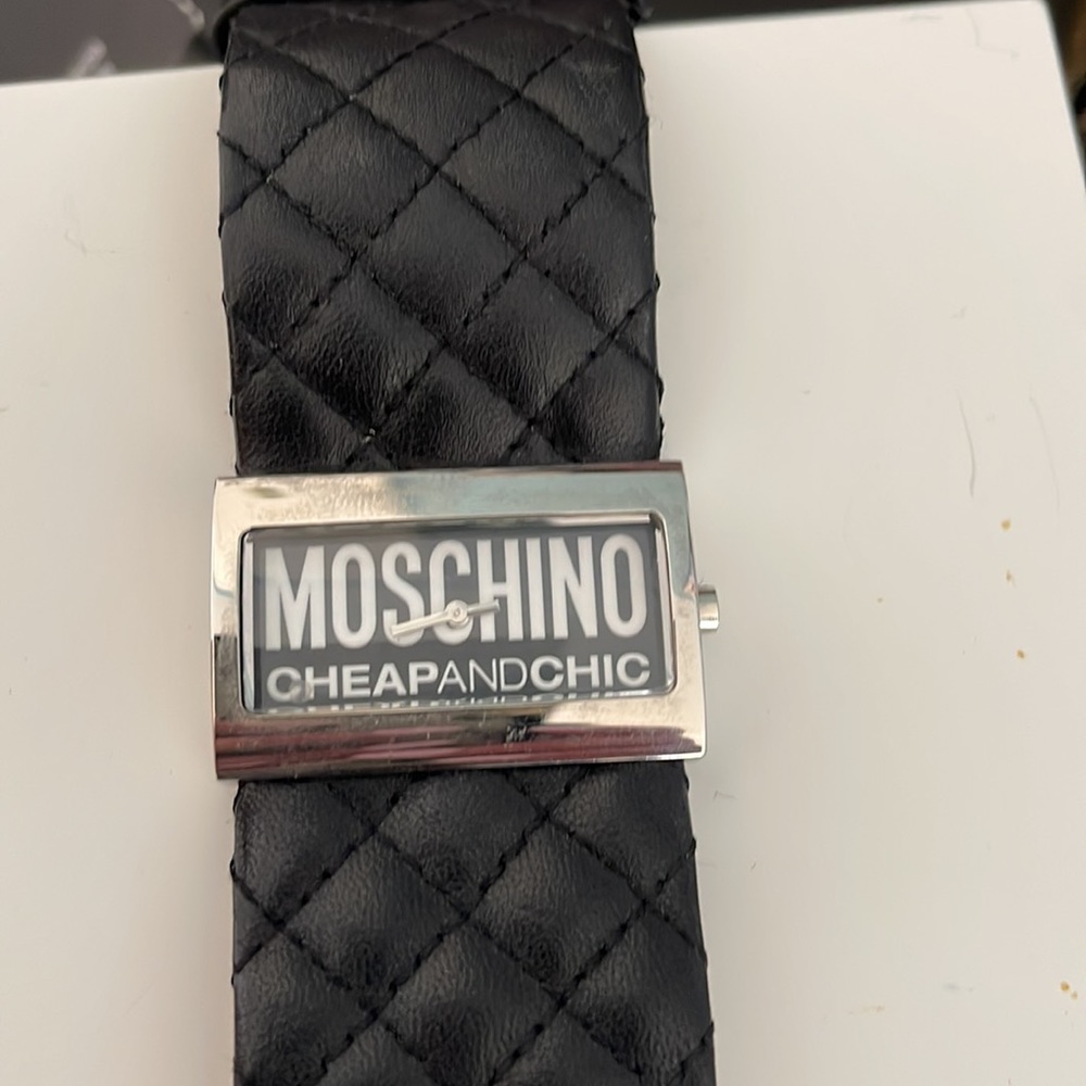Moschino Fashion Watch w/ Black Leather quilted straps. Made in Italy